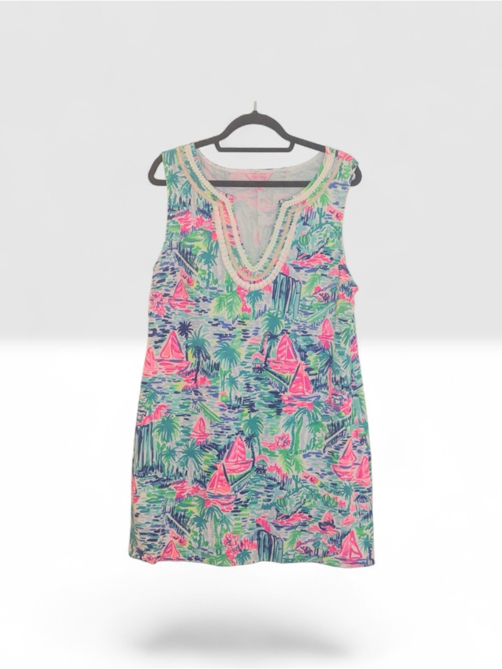 Lilly Pulitzer XL Tropical Shift Dress Gold Trim V-Neck - Picture 11 of 12